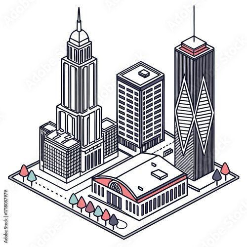 Isometric cityscape with tall buildings and trees