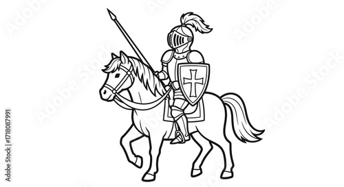 Brave Medieval Knight in Armor Riding Horse with Spear, Isolated White Background.