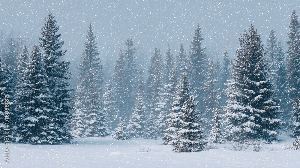 Obraz premium Winter Forest Scene: Snow falls gently on evergreen trees, creating a serene and picturesque landscape. A classic winter wonderland view.