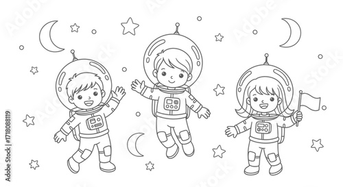 Happy Young Astronauts Floating in Space with Stars and Moon, Isolated White Background.