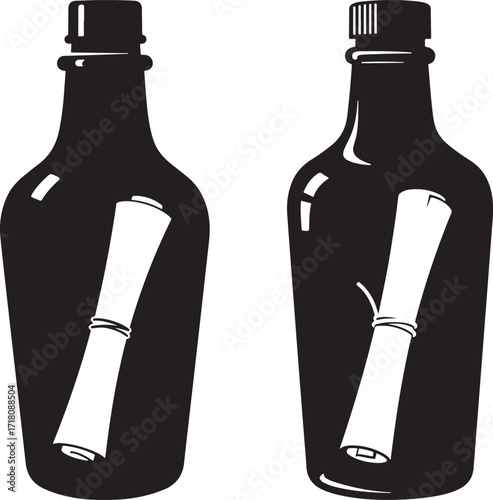 Two dark glass bottles with rolled up messages inside silhouette