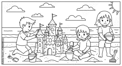 Happy Kids Building Sandcastle on Beach Outline, Joyful Summer Playtime on Isolated White Background
