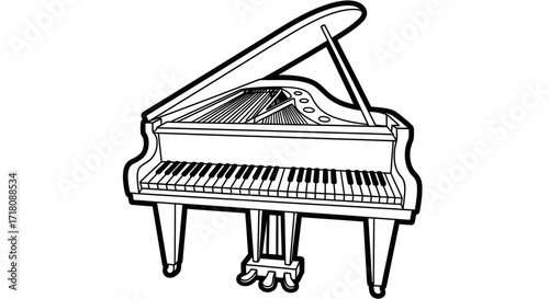 Elegant Grand Piano Musical Instrument Outline, Classical Music on Isolated White Background