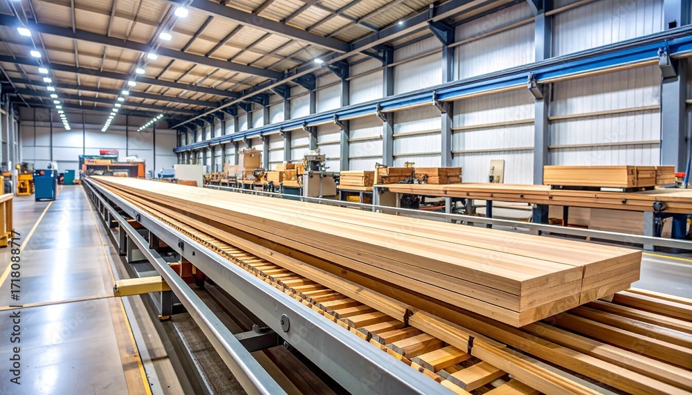 Fototapeta premium Modern Wood Manufacturing Facility Production Line.