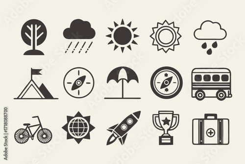 Set of Travel and Weather Icons tree rain cloud