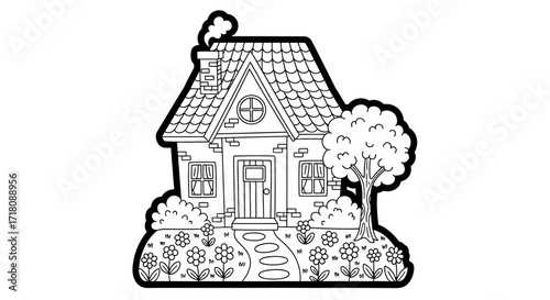 Charming Cottage House with Garden and Tree on Isolated White Background