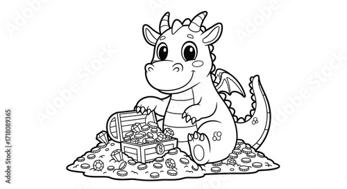 Adorable Baby Dragon Guarding Treasure Chest Filled with Gold Coins on Isolated White Background