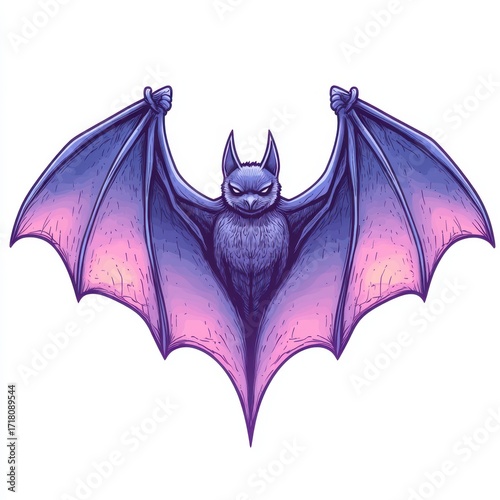 Illustration of a mystical bat with outstretched wings in purple and pink hues, set against a white background