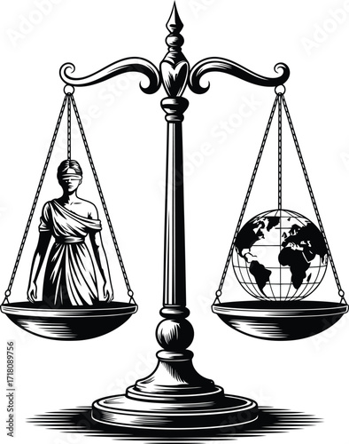 Striking Black and White Illustration of Lady Justice and Earth Balanced on Scales Embodying Law Equality and Global Considerations