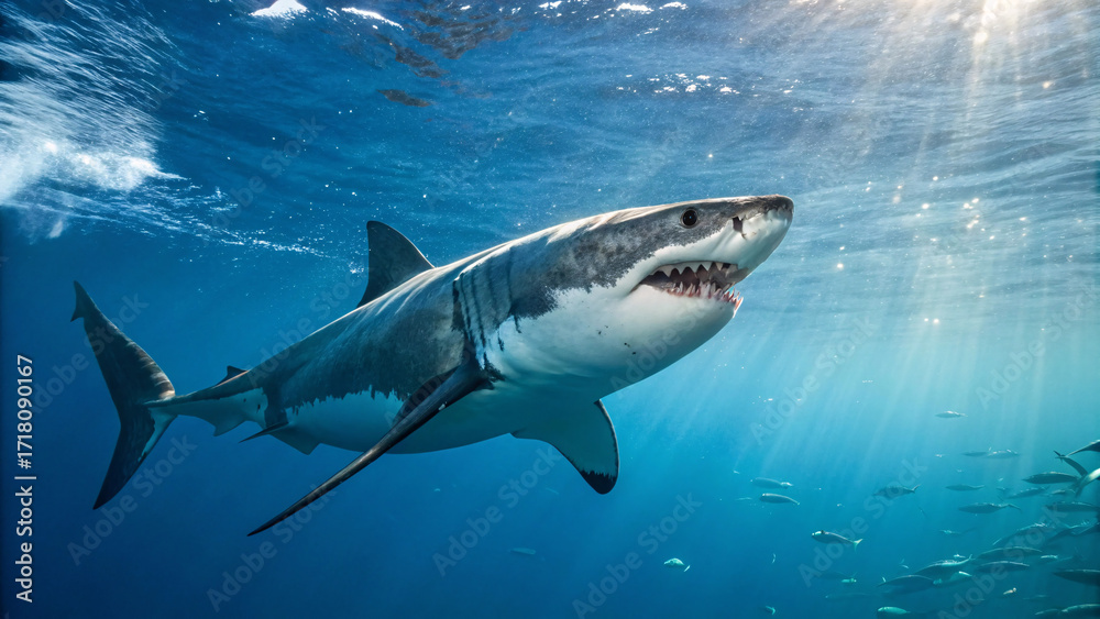 Fototapeta premium Powerful Great White Shark Underwater – Stunning Ocean Wildlife