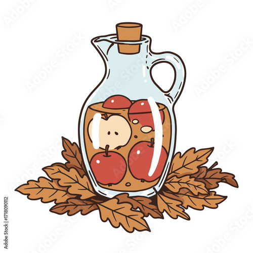 Glass jug filled with apples and leaves on white background  