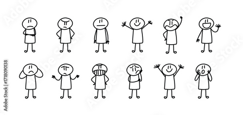 Happy children girls,boys friendly characters group cartoon illustration, Stick Figure People, Hand drawn stick man,  vector illustration.