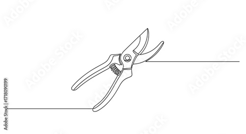 Garden pruning shears in minimalist line art style on white background  