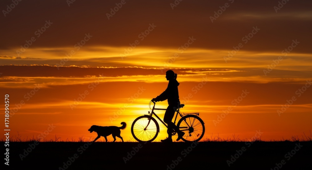 Obraz premium Silhouette of a Woman Cycling with a Dog Under a Glowing Orange Sky at Dusk