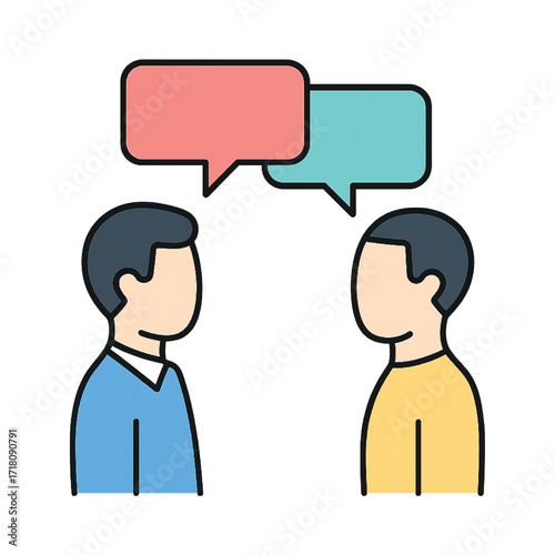 Young adults having a conversation represented by large speech bubble.