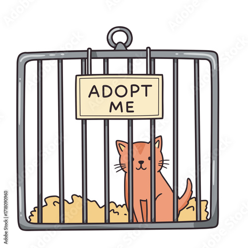 Cat in shelter cage with "Adopt Me" sign for adoption promotion  