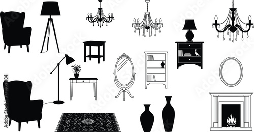 Black and white vector illustration of vintage furniture and home decor items like chandeliers, chairs, lamps, mirrors, and more