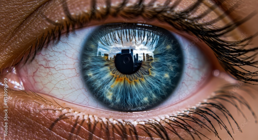 Fototapeta premium City in the Eye of a Macro Shot: City Skyline Captured by the Human Gaze