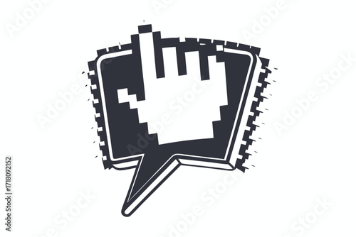 Pixelated Hand Pointer Icon Inside Dark Speech Bubble on White Background
