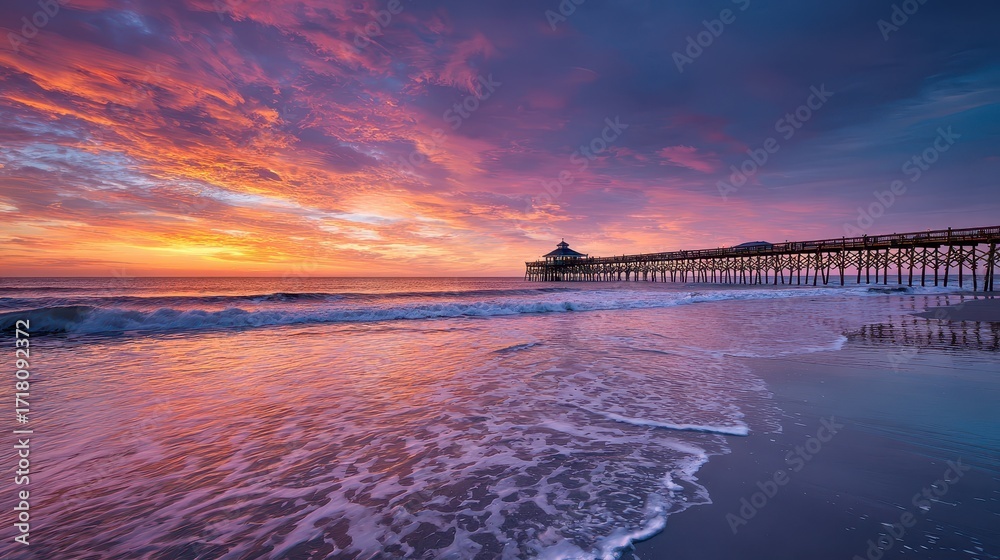 Obraz premium Charleston Beach Sunrise at Folly Pier on Atlantic Coast