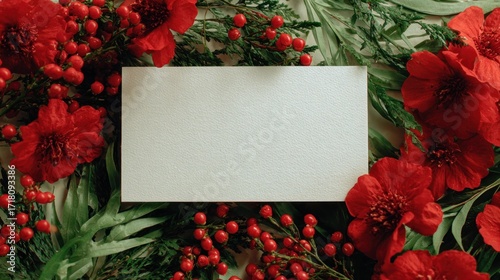 Blank card with red flowers and berries