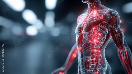 Human Anatomy: 3D Render of Female Muscular System with Red Circulatory System, Scientific Illustration