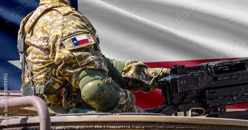Texas US state flag with soldier at machinegun turret