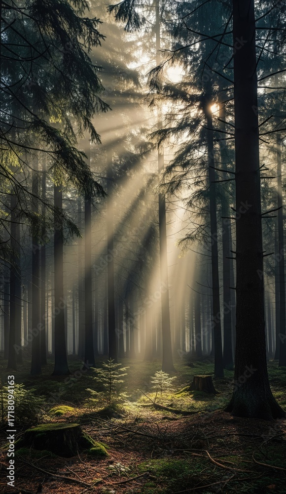 Obraz premium Forest scene with sunlight streaming through trees