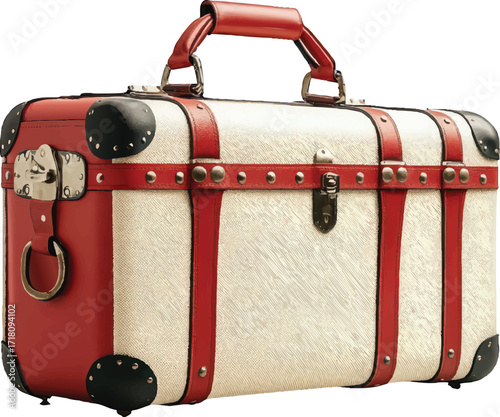 Vintage Red and Cream Suitcase with Leather Straps on White Background luggage retro