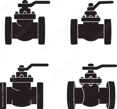 Four distinct industrial valve silhouettes in a clean graphic design silhouette