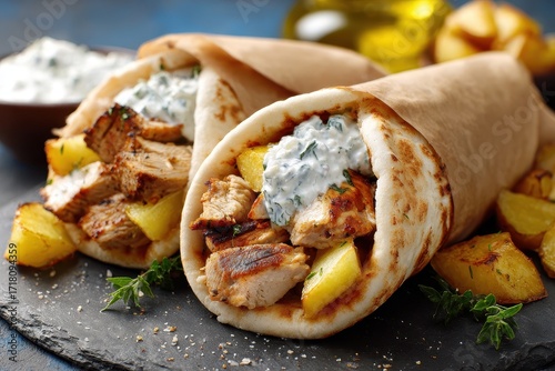 Gyro Top View. Delicious Chicken Gyros Souvlaki Wraps with Tzatziki Sauce, Potatoes, and Pita Bread on Blue Background