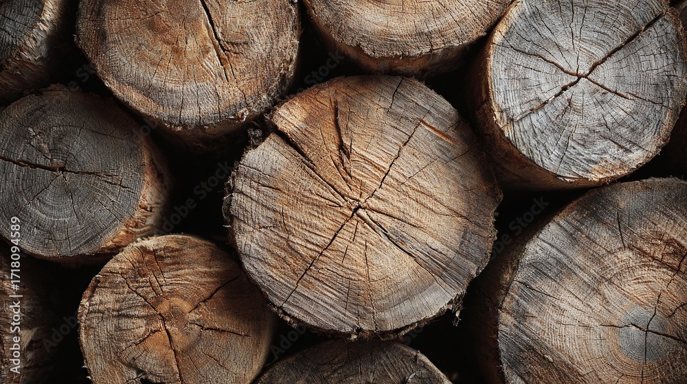 Naklejka premium Stack of Textured Tree Logs: A close-up showcasing intricate patterns and organic textures. Nature's raw beauty in a simple, rustic arrangement.