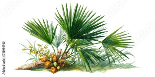 Palmetto Drawing. Botanical Foliage Illustration of Saw Palmetto Tree for Naturopathy