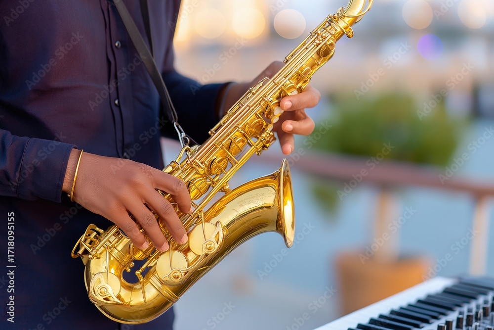 Obraz premium Musician Playing Saxophone at Sunset Scene