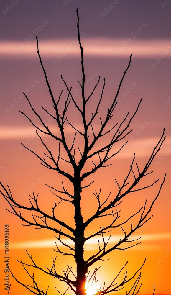 Obraz premium Silhouette of a leafless tree against a vibrant sunset sky with orange and pink hues