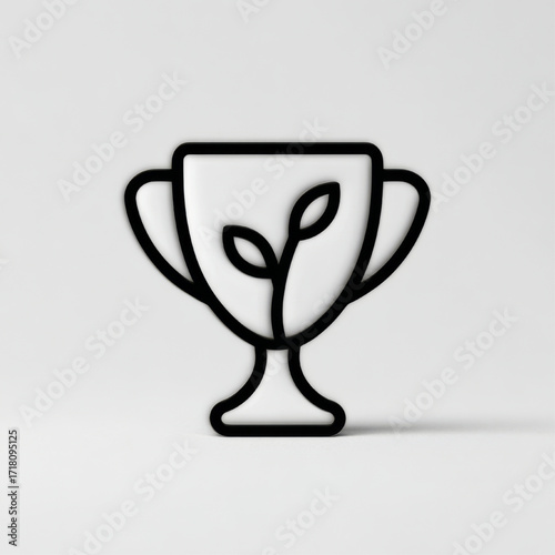3D rendered outline trophy icon with a plant sprout, black and white, representing growth, sustainability, and eco-achievement, with copy space