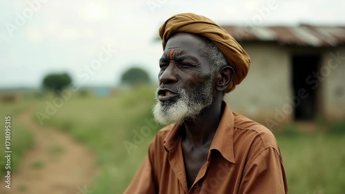 An elderly man stands in front of his modest home in a rural Ethiopian village, reflecting on his life and experiences in a community facing challenges and resilience.