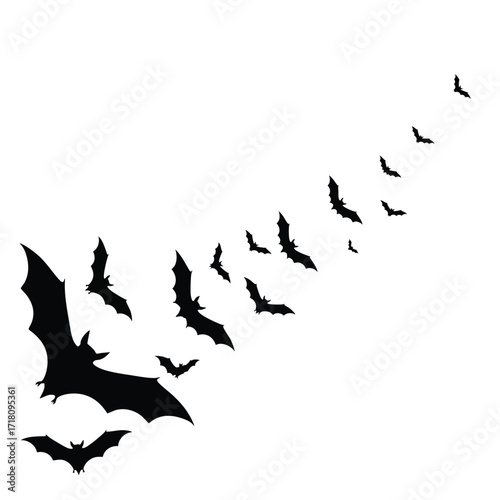 A colony of black bat silhouettes flying in a diagonal swarm formation.