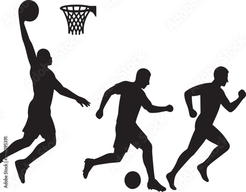 Silhouette of basketball players in action, one jumping to dunk, another dribbling, and a third running, isolated on white background