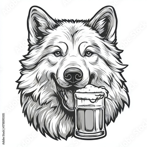 Cheerful smiling wolf head holding a frothy beer mug, representing celebration and fun against a white background, with copy space