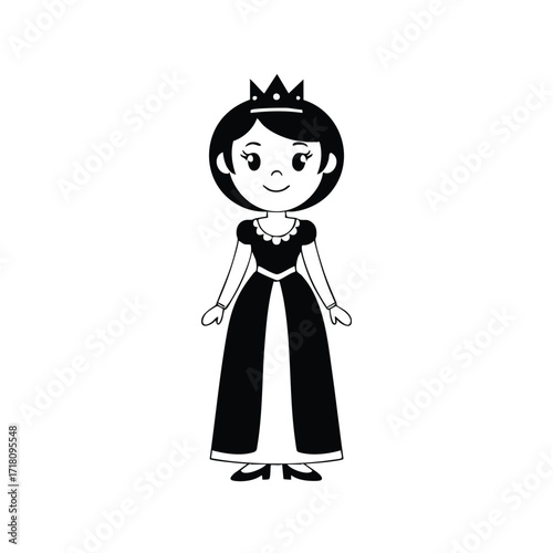 A cute black and white cartoon illustration of a young princess wearing a crown and a long gown.