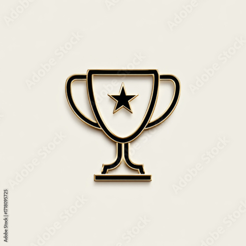 Elegant 3D rendered trophy icon with star, gold and black, representing success and achievement, with copy space