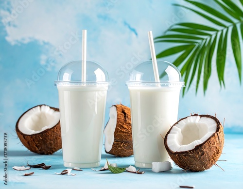Two plastic cups of coconut milk with coconuts