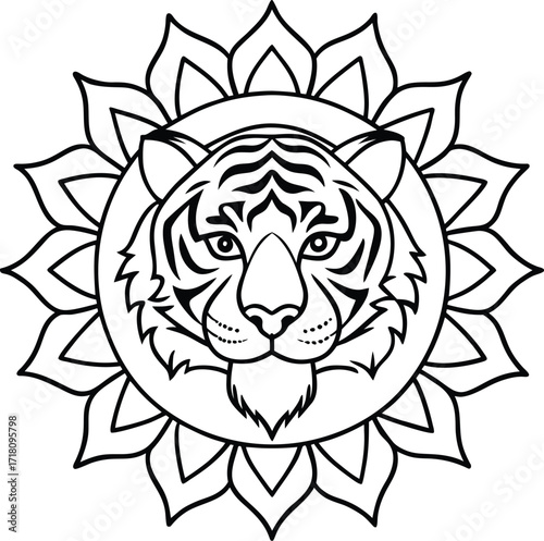 Mystical tiger mandala with intricate geometric patterns spiritual symbolism and zen focus