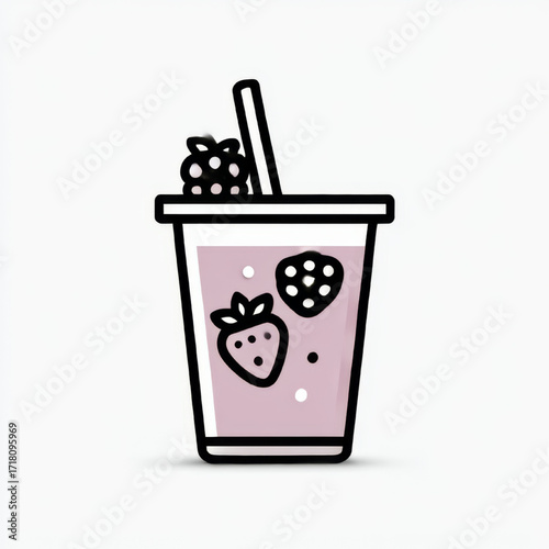 Cute cartoon smoothie drink icon, pink with berries and a straw, representing refreshment and healthy snacks, with copy space