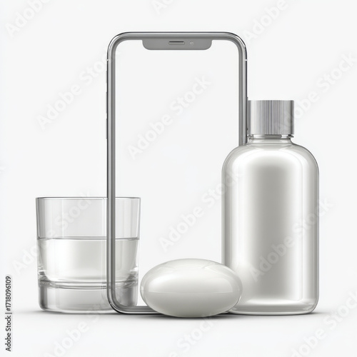 Product mockup with smartphone outline and hygiene items, sleek white and transparent, representing wellness and technology, with copy space