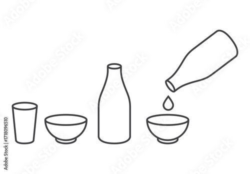 bottle and cup glass with water drop pours out outline icon