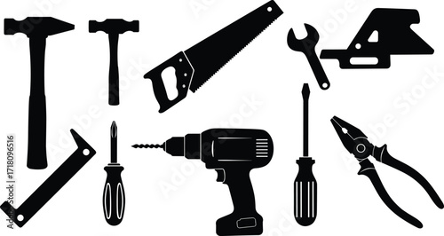 Black silhouette hand tools including claw hammer, mallet, saw, wrench, drill, screwdriver, pliers, and carpenter’s square illustration
