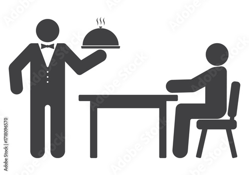 waiter  hold food and restaurant patron for table icon