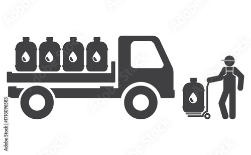 courier with push cart and drinking water bottle near car icon